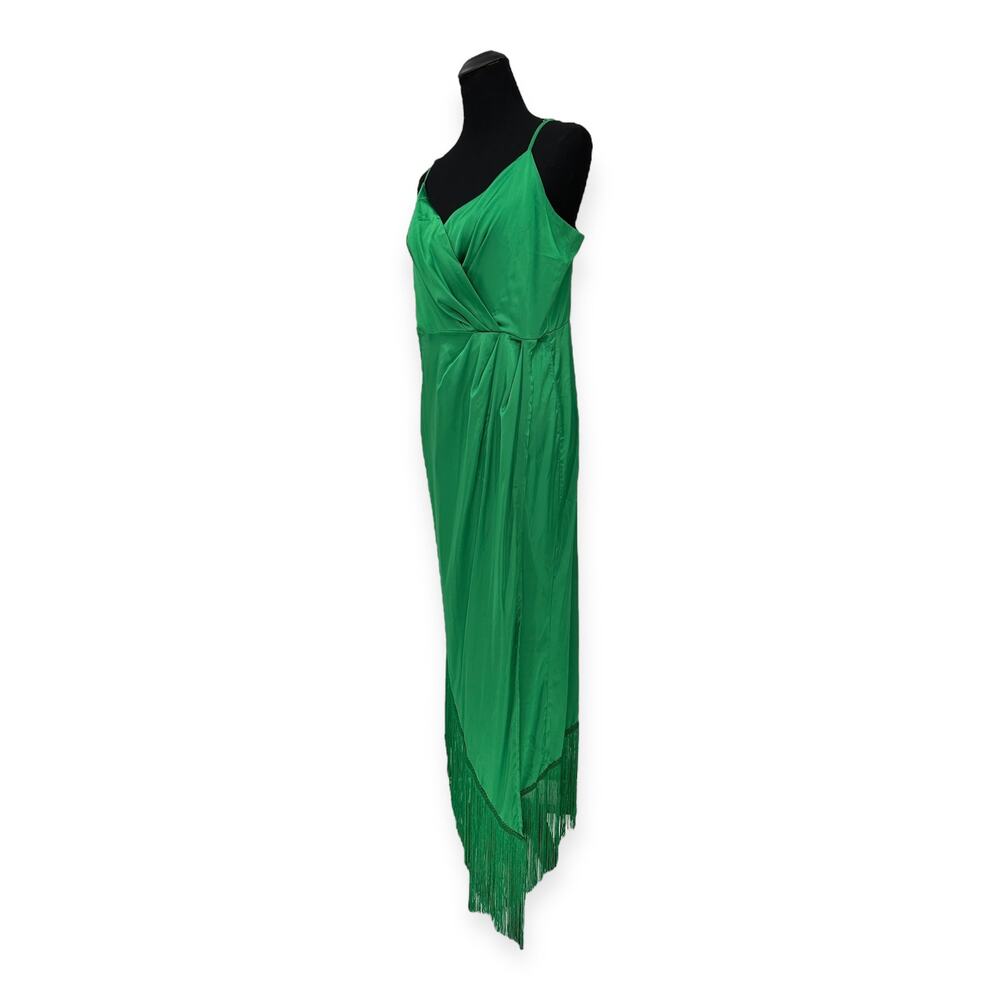 Showpo | Size 12 | Rholie Emerald Midi Plunge Neck Fringe Hem Fixed Wrap Dress - Picture 6 of 11